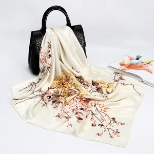 Elegant 90cm satin floral print square scarf, luxury silk feel head wrap for women.
