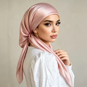 Nahaufnahme des rosa Satin Seidentuchs stilvoll als elegantes Kopftuch von dem Model getragen.
