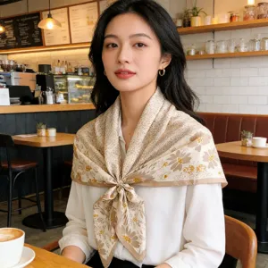 Detailed shot of women square silk scarf with floral print worn in cafe scene, elegant style.
