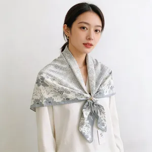 Detailed close-up view of a stylish floral printed silk square scarf worn gracefully.