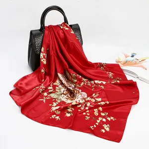 Red floral satin square silk scarf for women, 90cm vintage neckerchief and head wrap.