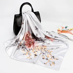 Silver satin floral square scarf 90cm, elegant hair scarf and chic handbag accessory for women.