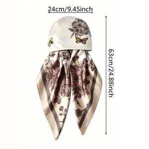 Detailed view of the elegant floral satin head wrap showing dimensions and soft fabric.