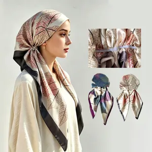 Pañuelo de satén con estampado de hojas para mujer, gorro elegante tipo seda elástico.