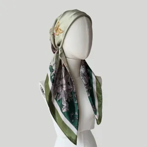 Satin floral print head wrap scarf for women, summer sun protection bohemian fashion cap.
