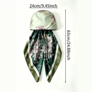 Satin headscarf hat with elegant floral and butterfly print, perfect for summer sun protection.