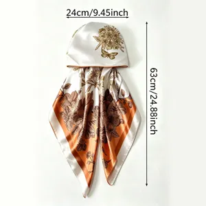 Satin floral print head scarf hat detail view, elegant women summer sun protection headwrap.
