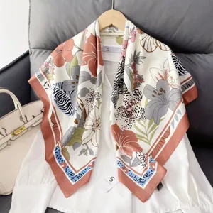 Exquisite 90cm square silk scarf featuring vintage floral and animal print for women spring.