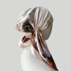 Satin paisley print headscarf cap, elegant floral design, comfortable summer sun protection.