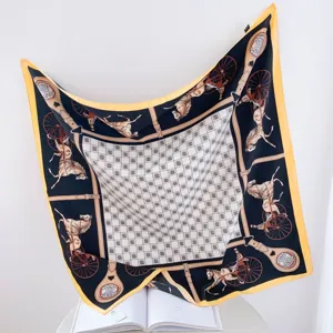 Luxury silk scarf 90x90cm vintage horse carriage print square women head wrap fashion