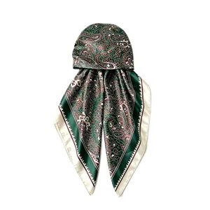 Women's paisley print satin head scarf cap, elegant green summer sun protection headwear.