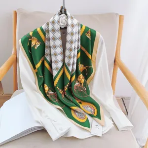 Spring summer luxury green horse carriage printed silk twill square scarf 90cm for women fashion
