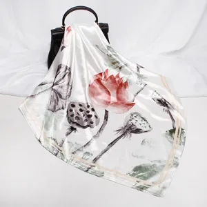 Luxury 90cm satin silk square scarf with elegant lotus flower print for women fashion accessories.