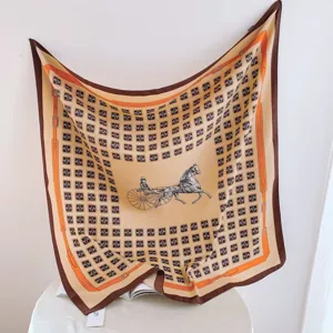 Women 90cm square silk scarf vintage carriage print fashion neckerchief luxury headwrap