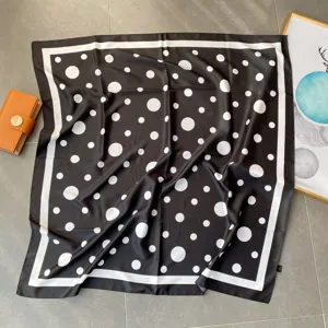 Elegant black and white polka dot square silk scarf for women, 90cm large chic neckerchief.