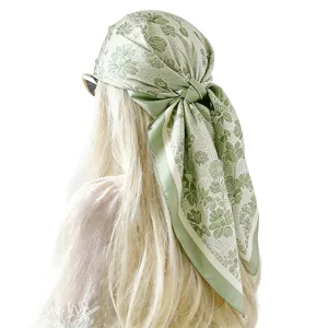 Women green floral print silk scarf 90cm square headscarf vintage hair accessory chic
