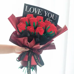 Handmade crochet red rose bouquet gift, exquisite packaging detail for special events and holidays.