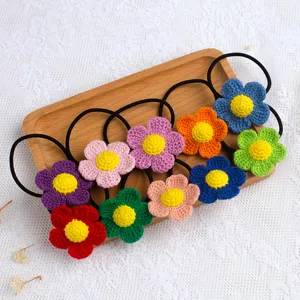 Handmade Crochet Woolen Yarn Flower Hair Scrunchie Cute Vintage Floral Hair Rope Elastic Hair Accessories For Kids Women