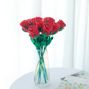 Handmade crochet red rose bouquet with glass vase, perfect for home decor, gifts and events.