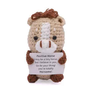Handmade crochet positive horse plush toy with encouraging card, cute creative gift for friends.