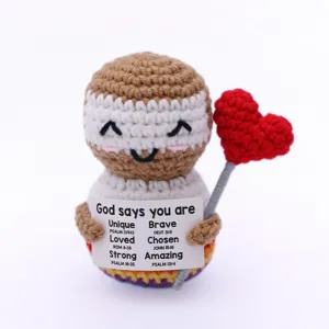 Handmade crochet positive potato doll with encouraging cards and red heart gift.