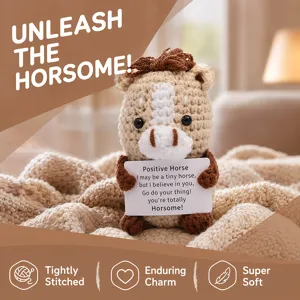 Handcrafted crochet positive horse plush toy with encouraging card, cute knitted animal doll decor.
