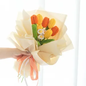 Fiore Artificiale di Tulipano in Lana Lavorato a Mano Stelo Singolo Finto Bouquet Floreale all Uncinetto per Decorazione Casa Regalo
