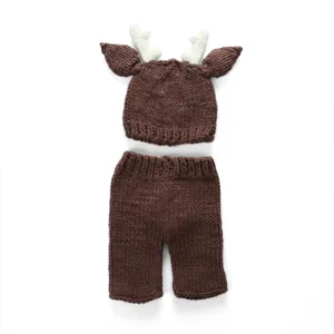 Handmade knitted newborn baby deer photography prop outfit set brown cute infant clothing
