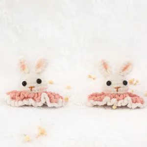 Handmade crochet bunny hair clips with cute pink ruffles, perfect for sweet daily outfits and gifts.