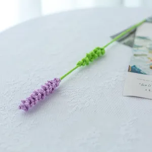 Handmade crochet lavender flower stem detail, knitted floral decor for home and gifts.