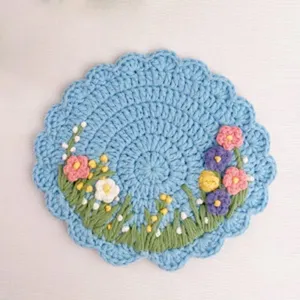 Handmade crochet flower wool round cup coaster cute table mat blue home decor style