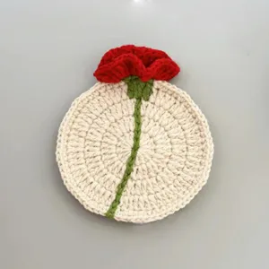 Handmade crochet rose flower coaster, cute round knitted wool cup mat for home table decoration.