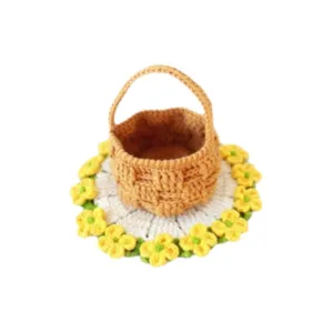 Handmade crochet wool flower basket and cute knitted round coaster set for home table decor.