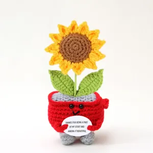 Handmade crochet sunflower potted plant, cute knitted plush doll with message card.