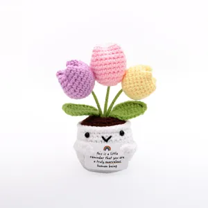 Handmade crochet tulip potted plant cute knitted flower gift positive desk ornament decor
