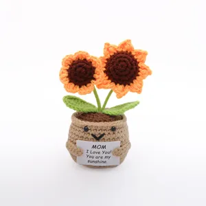 Handmade crochet sunflower potted plant with cute smiling face pot and greeting card detail.