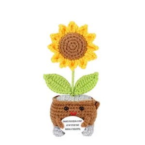 Handcrafted crochet sunflower potted plant cute knitted desk decor with card detail.