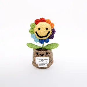 Handcrafted crochet potted emotional support sunflower plant with positive encouraging message card.
