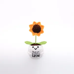 Handcrafted crochet sunflower potted plant, cute desktop ornament with positive message card.