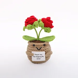 Handmade crochet rose potted plant toy detail, cute potted flower ornament for home desk decor.