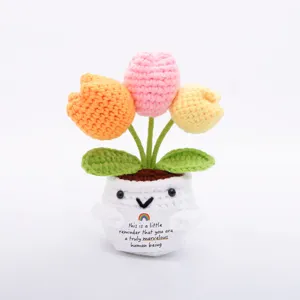 Handcrafted crochet potted tulip flower doll desktop ornament cute positive gift for friends