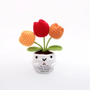 Handmade crochet potted plant with cute flowers and message card for desk decor.