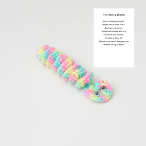 Handmade crochet worry worm toy with comforting card, colorful knit caterpillar doll gift.