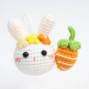 Handmade crochet white rabbit carrot keychain cute knitted bag pendant plush doll charm ornament