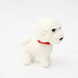 Handmade crochet white puppy doll detail, cute realistic plush animal keychain pendant.