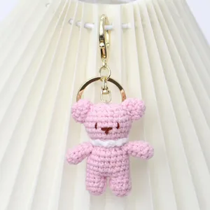 Handmade crochet pink bear keychain cute bag charm plush doll key ring accessory cute design