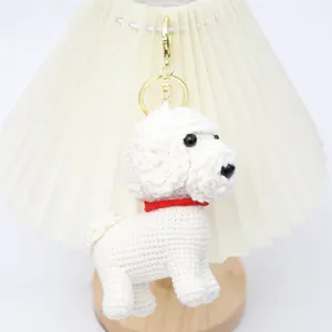 Handmade crochet white puppy keychain bag pendant, cute woolen animal doll accessory key ring.