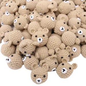 Handmade crochet bear heads bulk, cute knitted wool plush DIY keychain craft accessories.