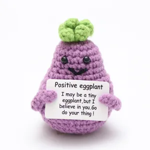 Handmade Crochet Eggplant Doll Ornament Cute Positive Knitted Vegetable Desk Decor With Encouragement Card