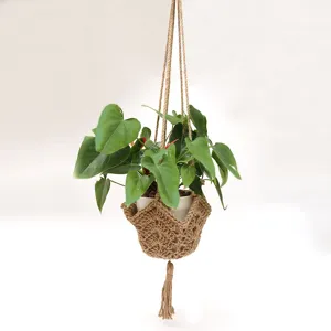 Handmade crochet plant hanger detail, bohemian jute hanging basket with tassel for indoor plants.